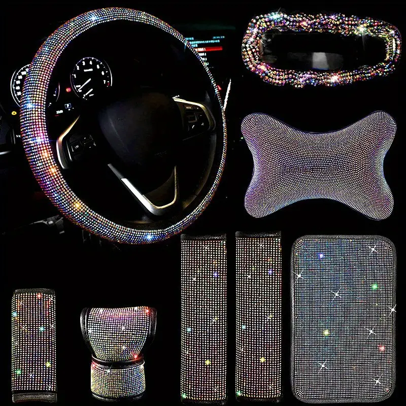 8pcs Bling Car Accessories For Women Bling Steering Wheel Cover
